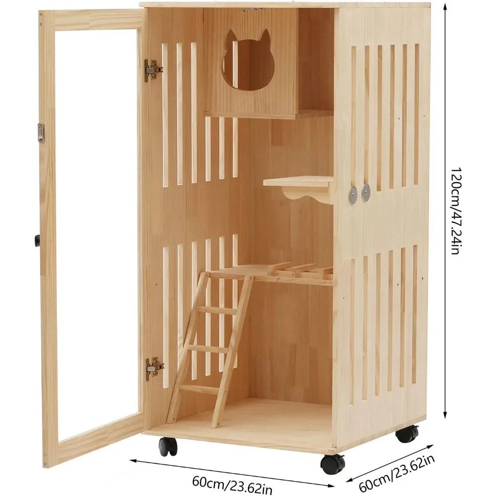 Large Wooden Cat House with LED Light, Multi-Feature Cats Cage Cat Condo with Scratching Post and Wheels, Catio Cat Enclosure Ca