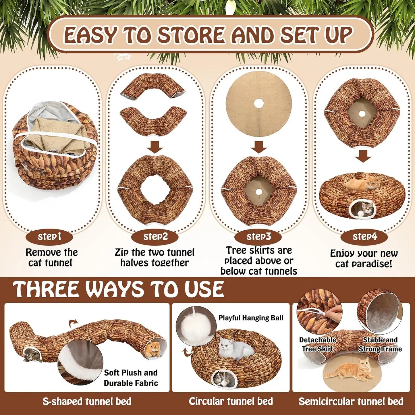 Christmas Cat Tunnel Bed 3FT x 3FT Indoor Donut Tunnel Peekaboo Cave Toy for Kitty Rabbit Ferret