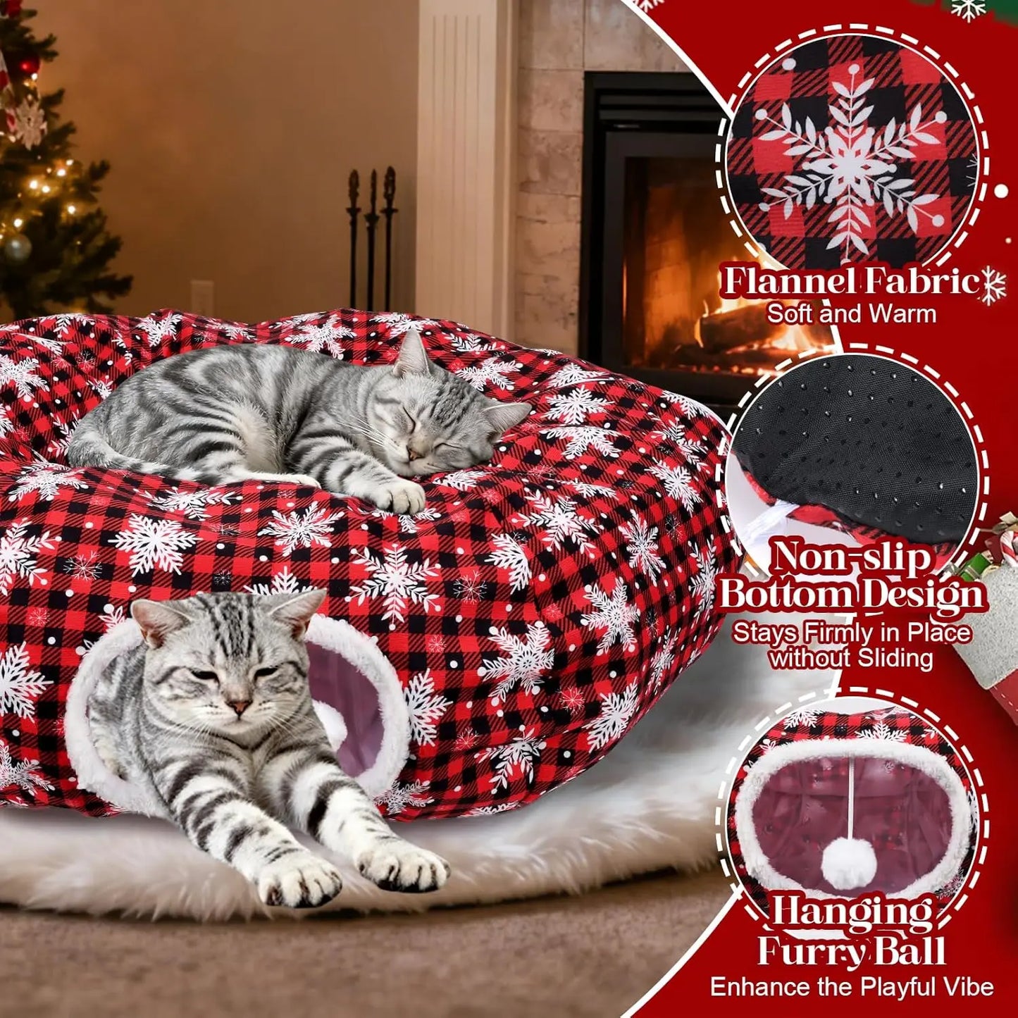 Christmas Cat Tunnel Tree Skirt – Flannel Donut Bed with Cushion & Toy, Peekaboo Cat Cave for Indoor Cats, Plaid Red