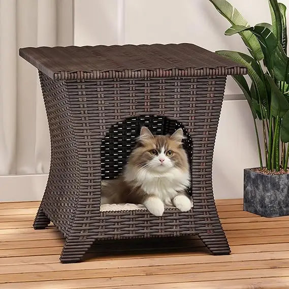 outdoor wicker side table with cushioned cat bed and thick padding