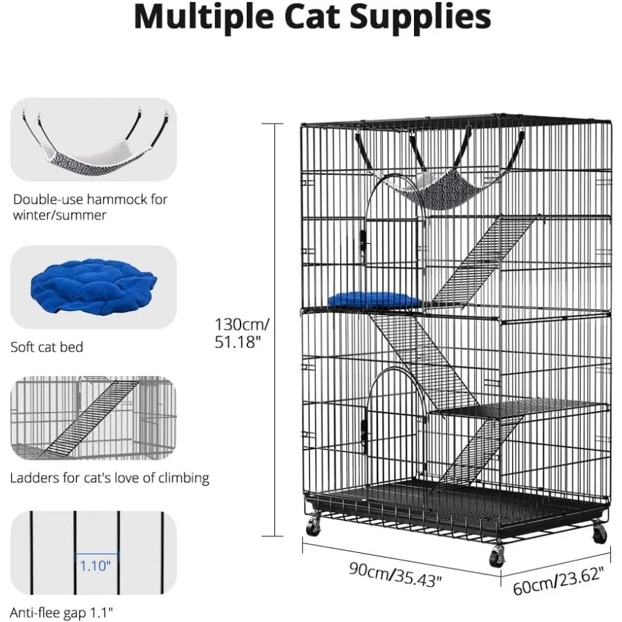 4-Tier Cat Cage 51 Inch Cat Crate Kennel Enclosure Playpen Large Metal Pet Cat Kitten Ferret Animal House Cage Indoor Outdoor w