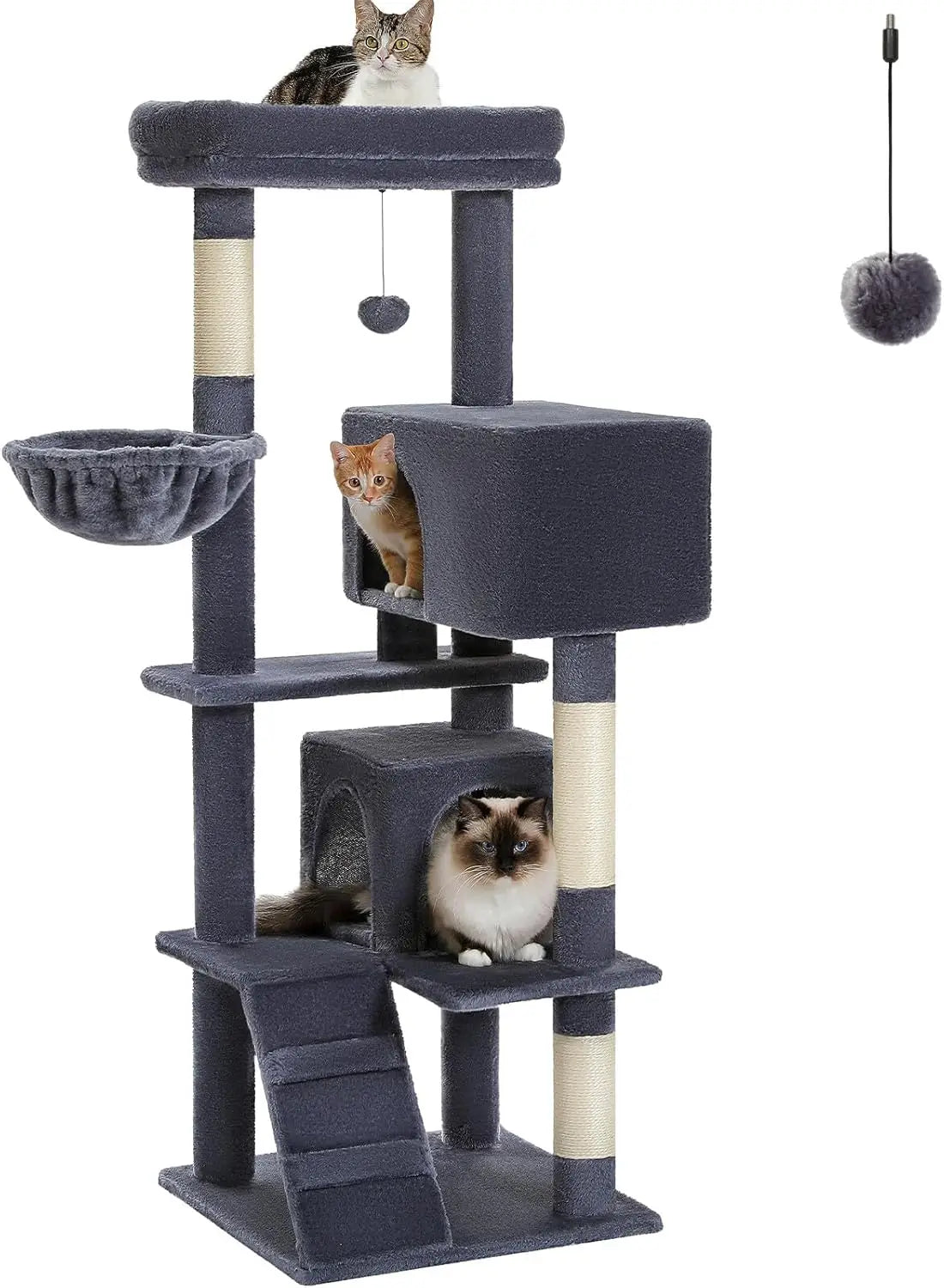 Cat Tree for Indoor Cats, 2 Cozy Condos with Spacious Top Perch, 56.3-Inch Multi-Level Cat Tower with Scratching Posts, 2 Caves