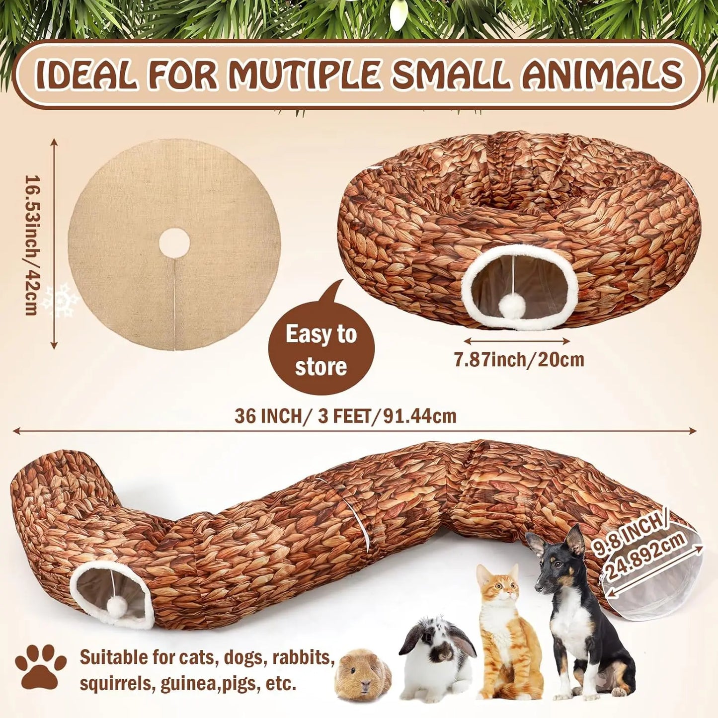 Christmas Cat Tunnel Bed 3FT x 3FT Indoor Donut Tunnel Peekaboo Cave Toy for Kitty Rabbit Ferret