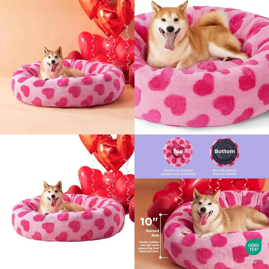 Heart Pink 36 Round Sherpa Plush Dog & Cat Bed with Anti-Slip Base for Indoor Calming and Anxiety Relief