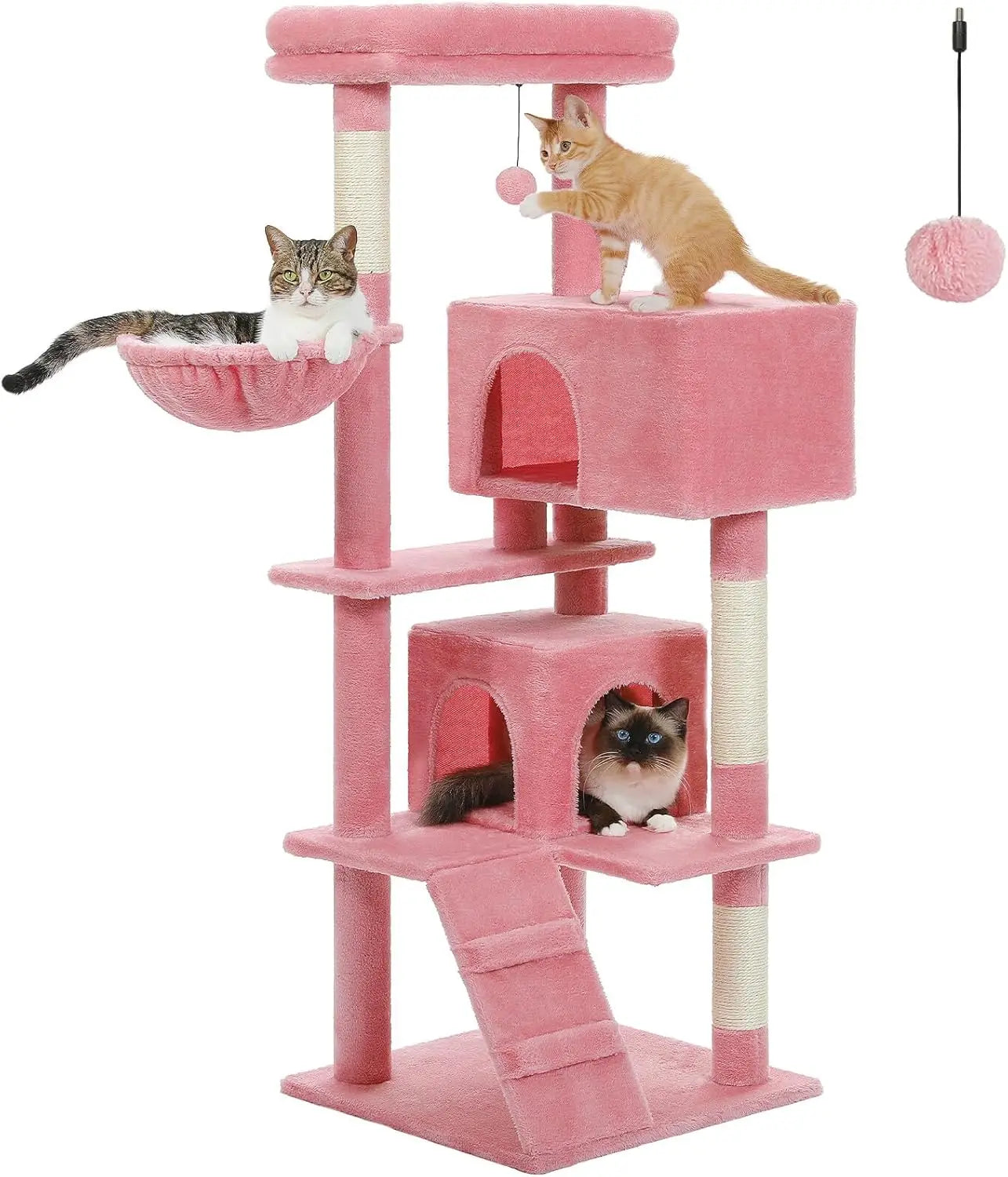 Cat Tree for Indoor Cats, 2 Cozy Condos with Spacious Top Perch, 56.3-Inch Multi-Level Cat Tower with Scratching Posts, 2 Caves
