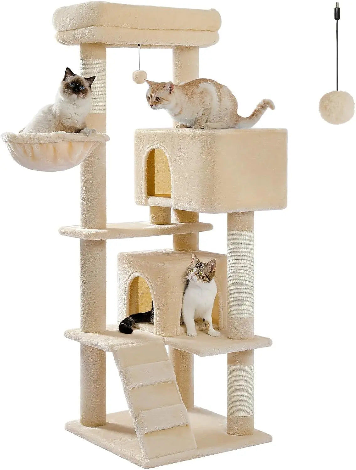 Cat Tree for Indoor Cats, 2 Cozy Condos with Spacious Top Perch, 56.3-Inch Multi-Level Cat Tower with Scratching Posts, 2 Caves