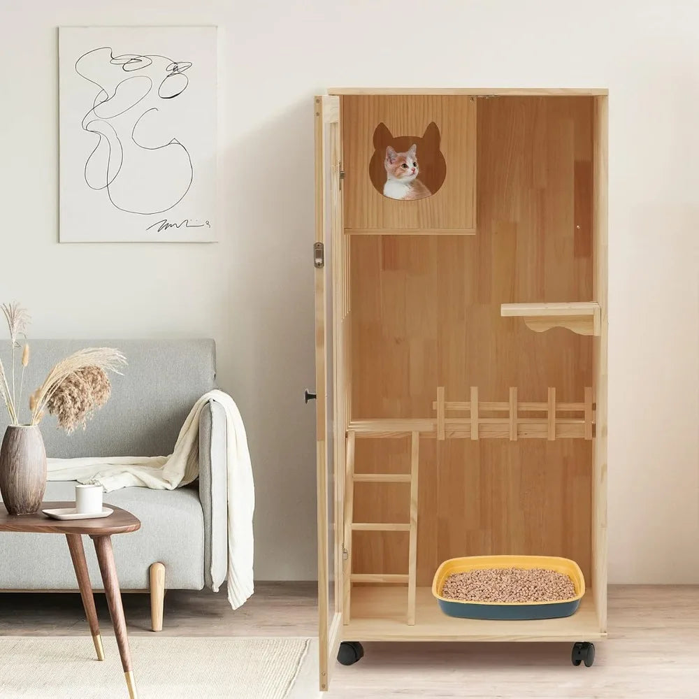 Large Wooden Cat House with LED Light, Multi-Feature Cats Cage Cat Condo with Scratching Post and Wheels, Catio Cat Enclosure Ca