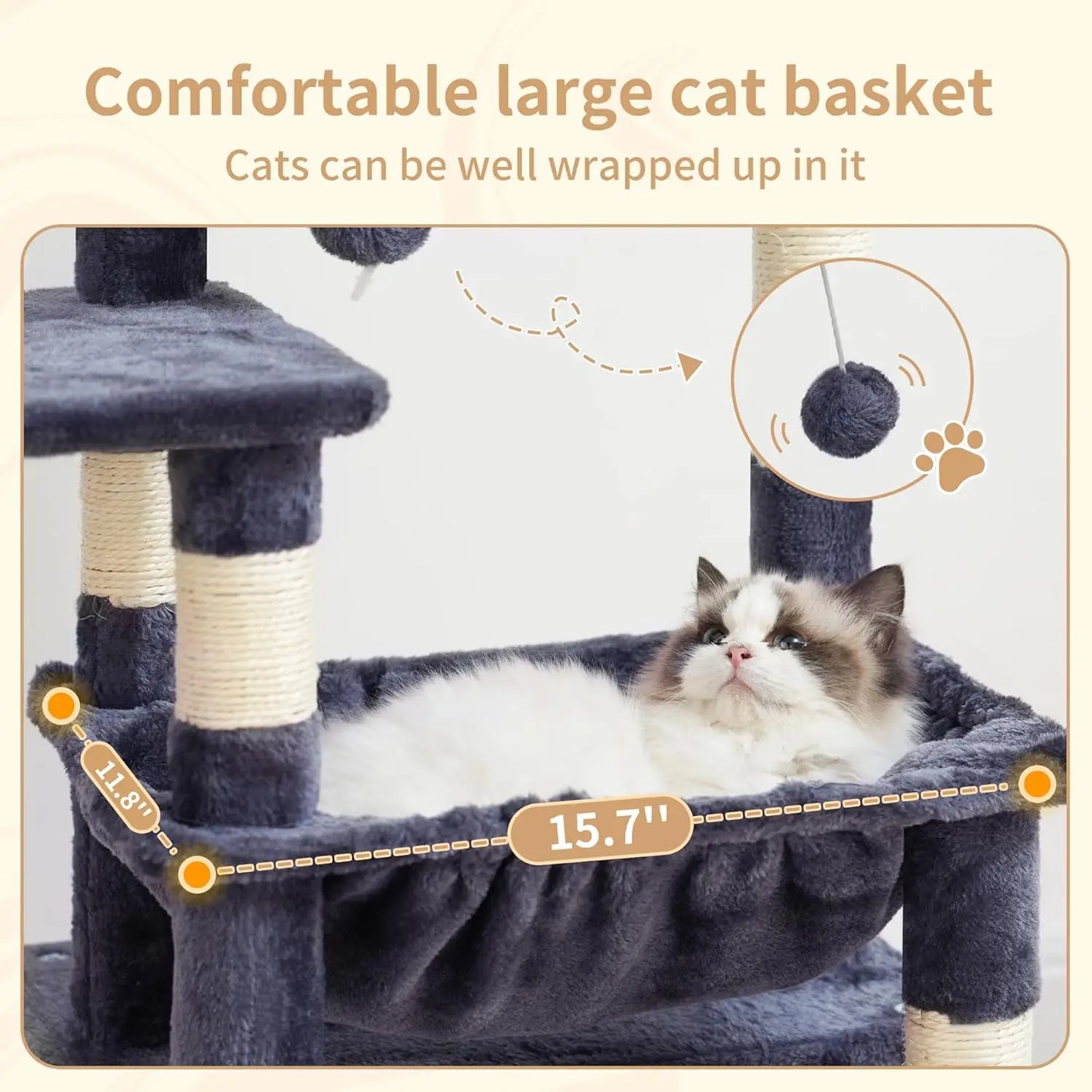 Cat Tree with Soft Basket, Scratching Posts & Dangling Ball, Smoky Gray HCT008SG