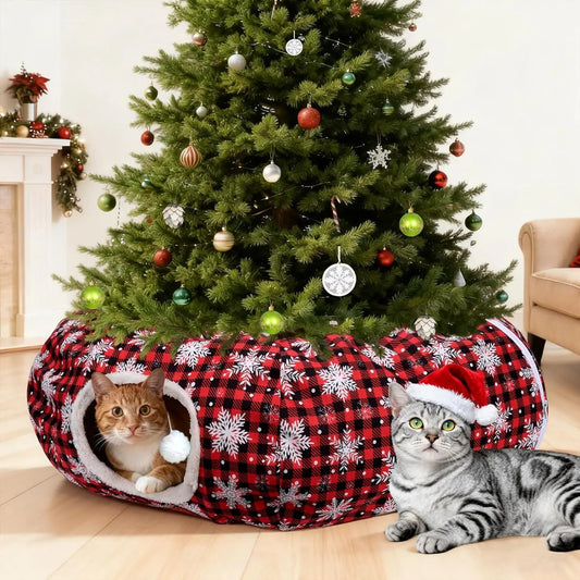 Christmas Cat Tunnel Tree Skirt – Flannel Donut Bed with Cushion & Toy, Peekaboo Cat Cave for Indoor Cats, Plaid Red