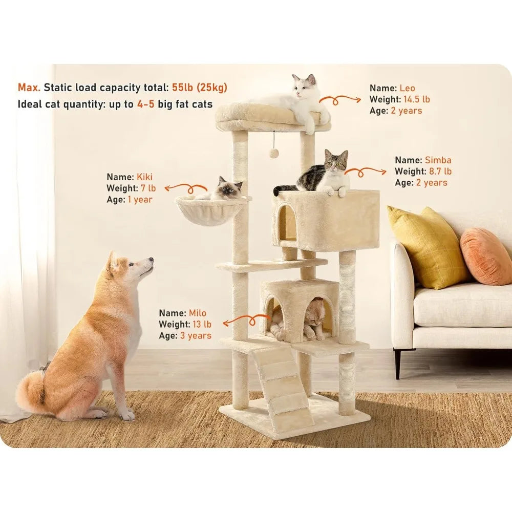 Cat Tree for Indoor Cats, 2 Cozy Condos with Spacious Top Perch, 56.3-Inch Multi-Level Cat Tower with Scratching Posts, 2 Caves