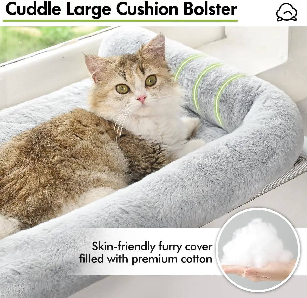 Cat Window Sill Perch – Large Bolster Hammock Bed for Large Cats & Kittens – Gray, Easy-Adjust for Windowsill