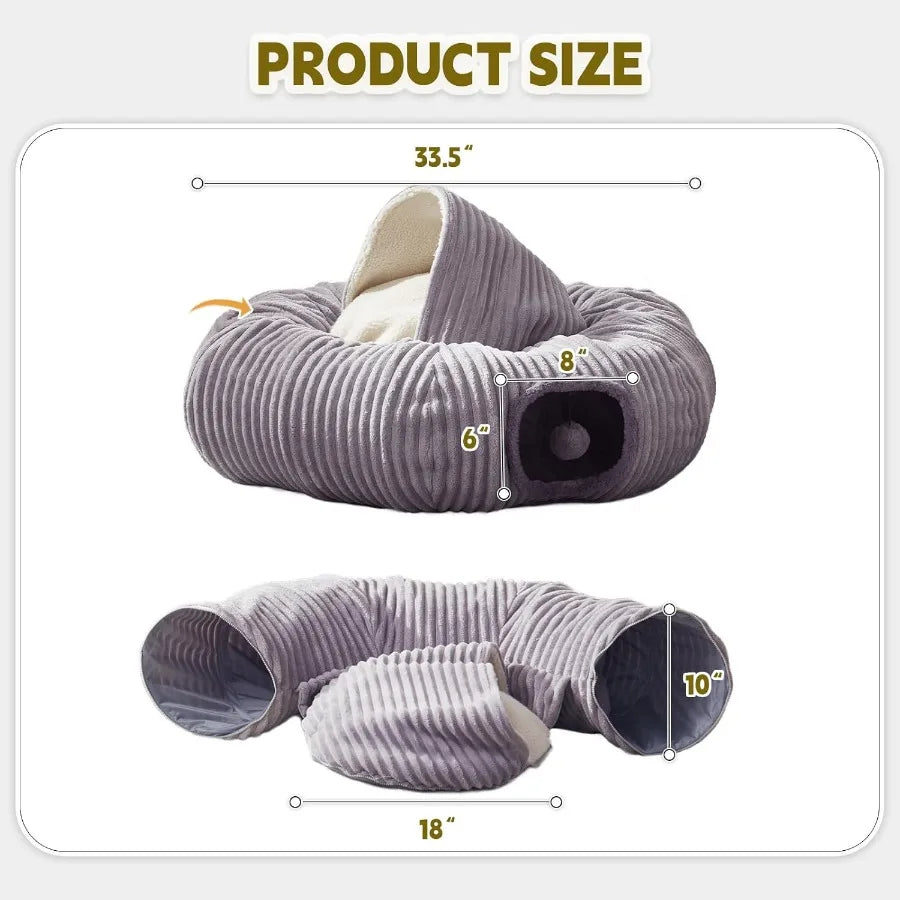 Multifunctional Cat Tunnel Bed with Washable Donut Cushion for Indoor Cats and Small Pets Blackout Tent Hideaway Plaything for