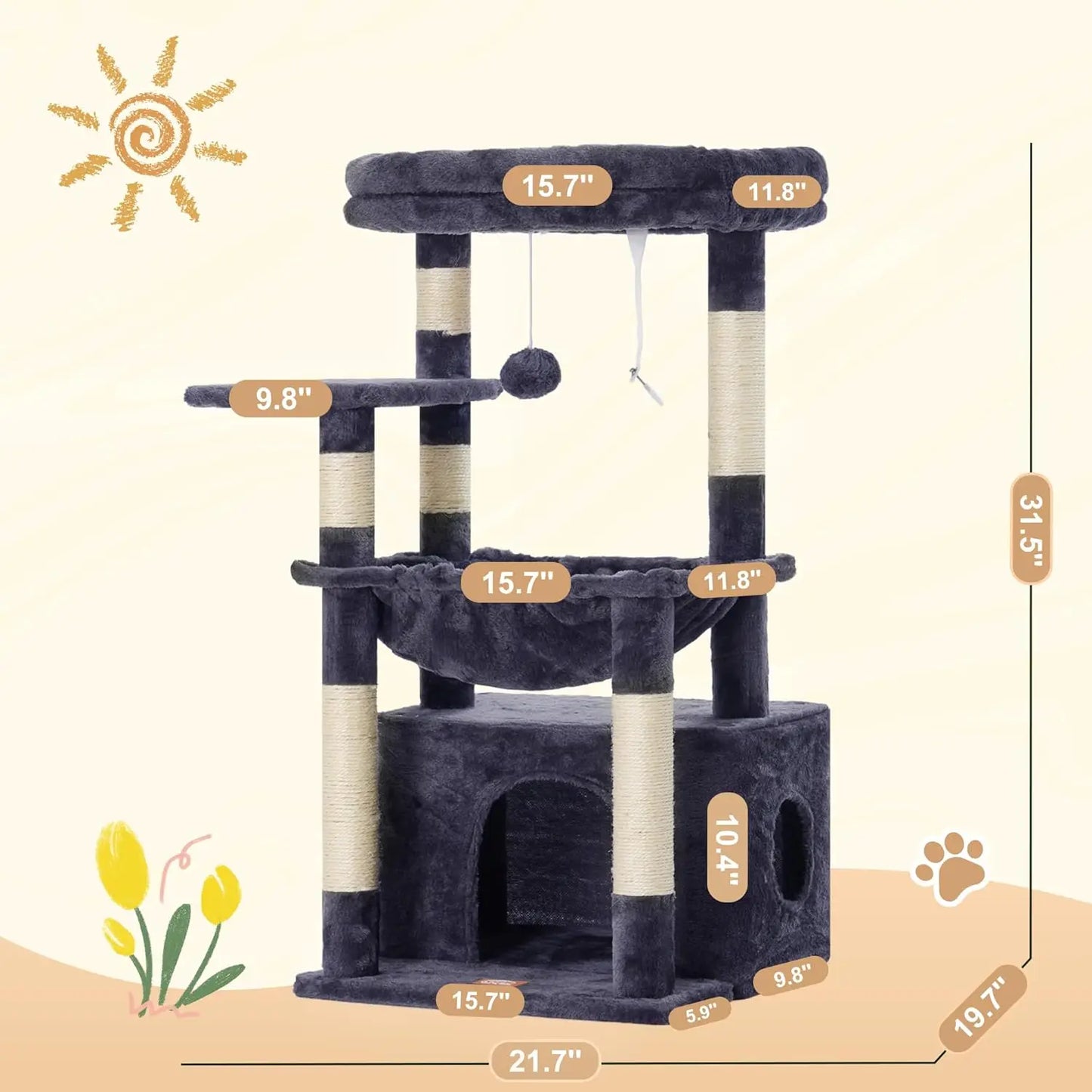 Cat Tree with Soft Basket, Scratching Posts & Dangling Ball, Smoky Gray HCT008SG