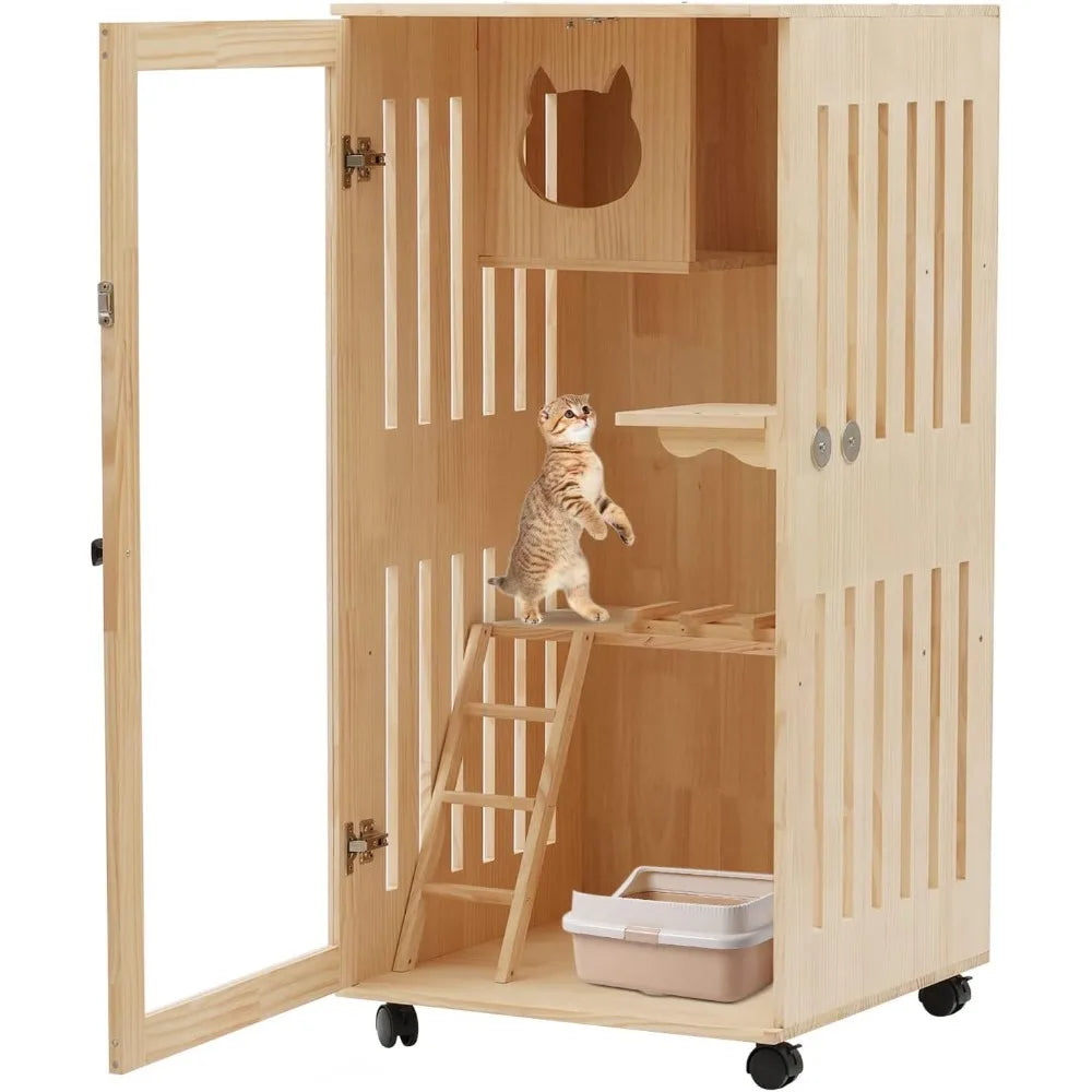 Large Wooden Cat House with LED Light, Multi-Feature Cats Cage Cat Condo with Scratching Post and Wheels, Catio Cat Enclosure Ca