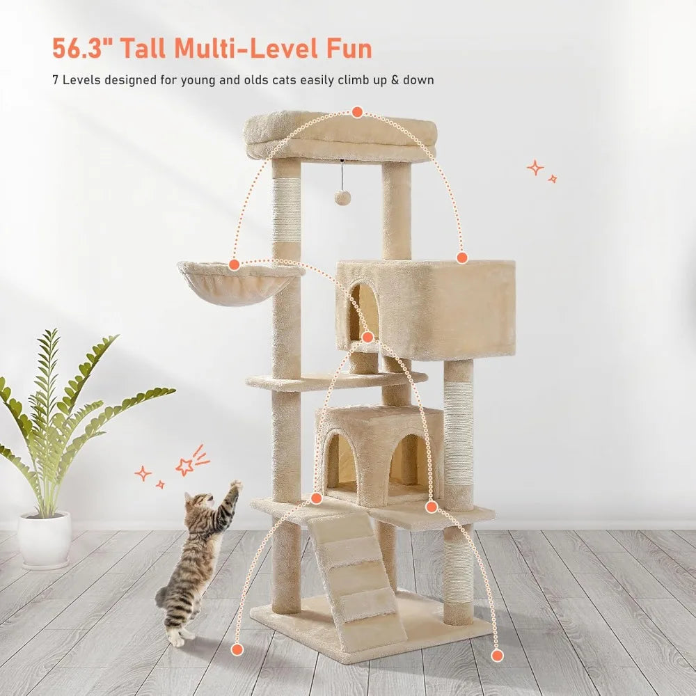 Cat Tree for Indoor Cats, 2 Cozy Condos with Spacious Top Perch, 56.3-Inch Multi-Level Cat Tower with Scratching Posts, 2 Caves