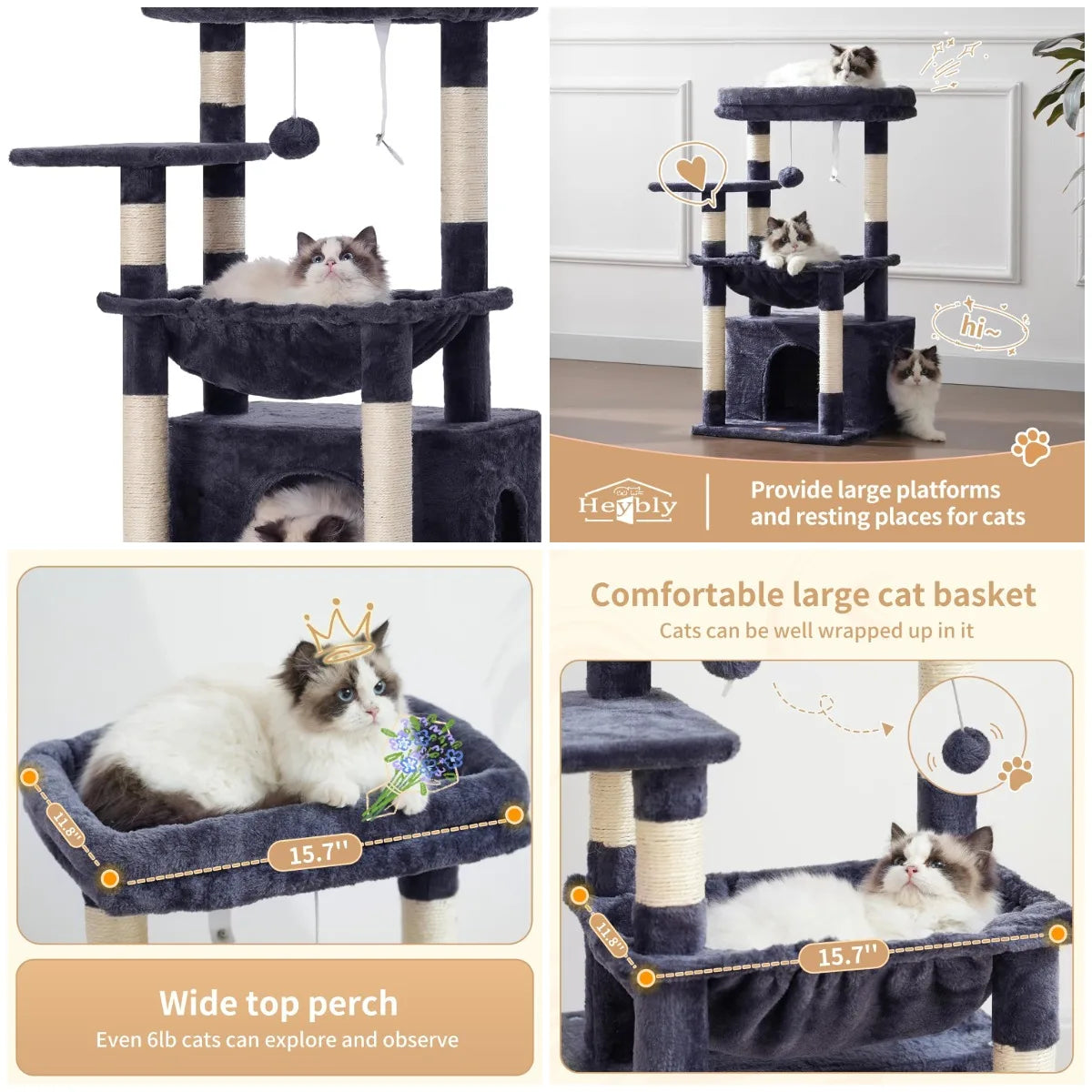 Cat Tree with Soft Basket, Scratching Posts & Dangling Ball, Smoky Gray HCT008SG