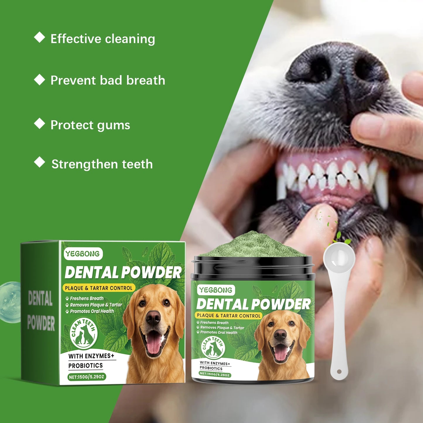 Yegbong 150g Dog Teeth Cleaning Powder - Gentle Dental Care for Pets - Removes Tartar, Stains & Bad Breath - Whitens Teeth