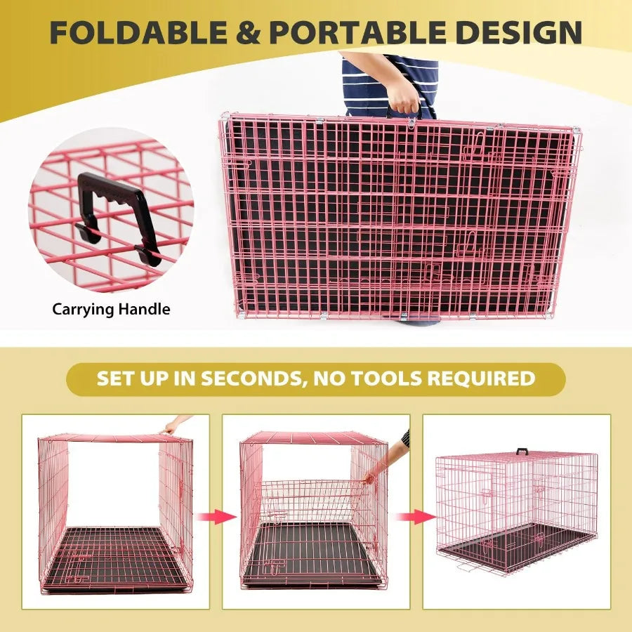 Foldable Metal Dog Crate for Large Breeds 48 Pink Portable Kennel with Double Doors and Secure SlideBolt Latches Leakproof Tray