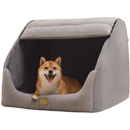 large dog house indoor, soft plush dogs cave bed covered pet bed with fluffy washable cushion, portable dog/cat pet tent house f
