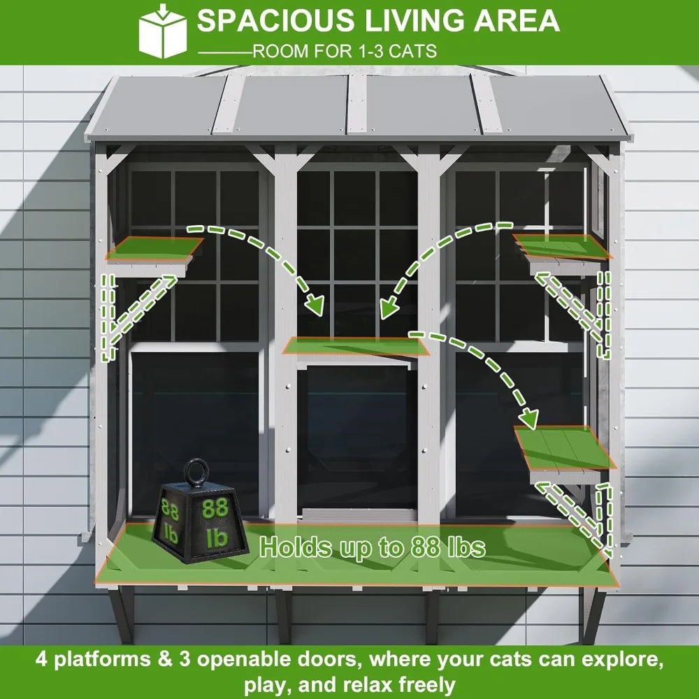 Cat Window Box,Wooden Window Catio for Indoor Cats,Expandable Outdoor Enclosure with 4 Platforms & 3 Doors,Secure Wall-Mounted P