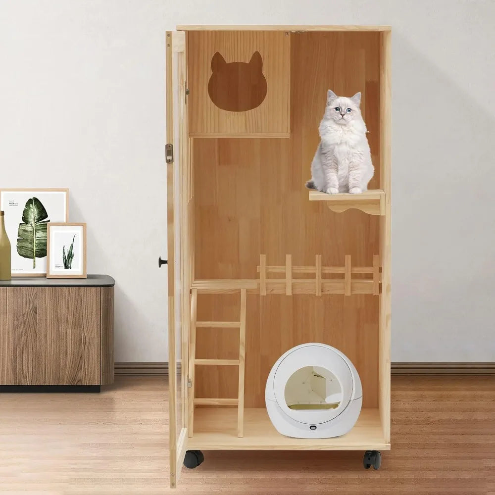 Large Wooden Cat House with LED Light, Multi-Feature Cats Cage Cat Condo with Scratching Post and Wheels, Catio Cat Enclosure Ca