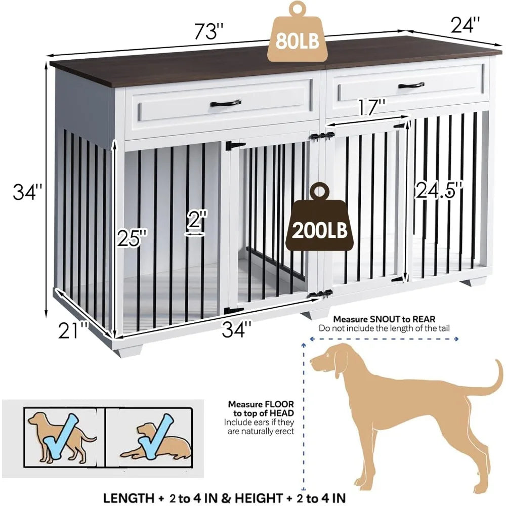 Furniture Style Dog Crate with Double Room, 73 Inch Wooden Dog Kennel with Removable Divider, Dog House TV Entertaimen Center