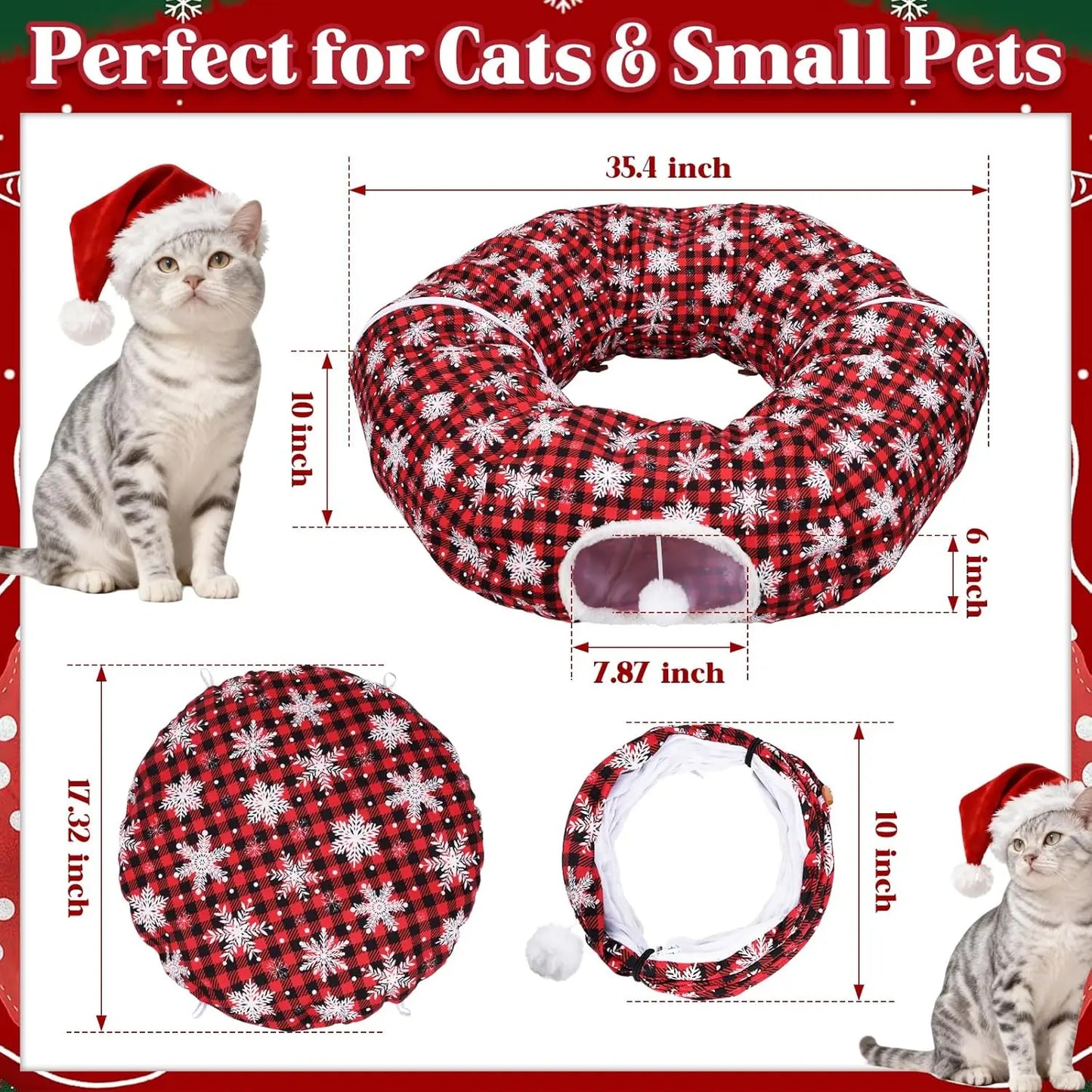 Christmas Cat Tunnel Tree Skirt – Flannel Donut Bed with Cushion & Toy, Peekaboo Cat Cave for Indoor Cats, Plaid Red