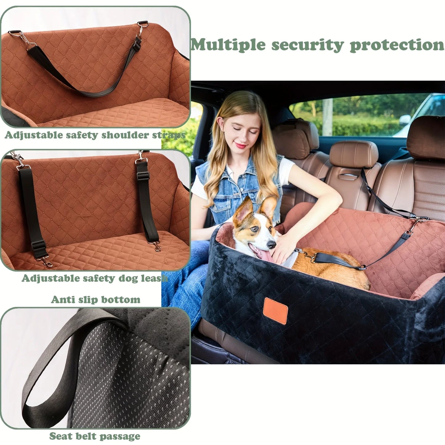 [Adjustable Dog Car Seat] Adjustable, Washable Dog Car Seat for Medium and Large Dogs | Pet Travel Car Bed with Seat Belt Pass