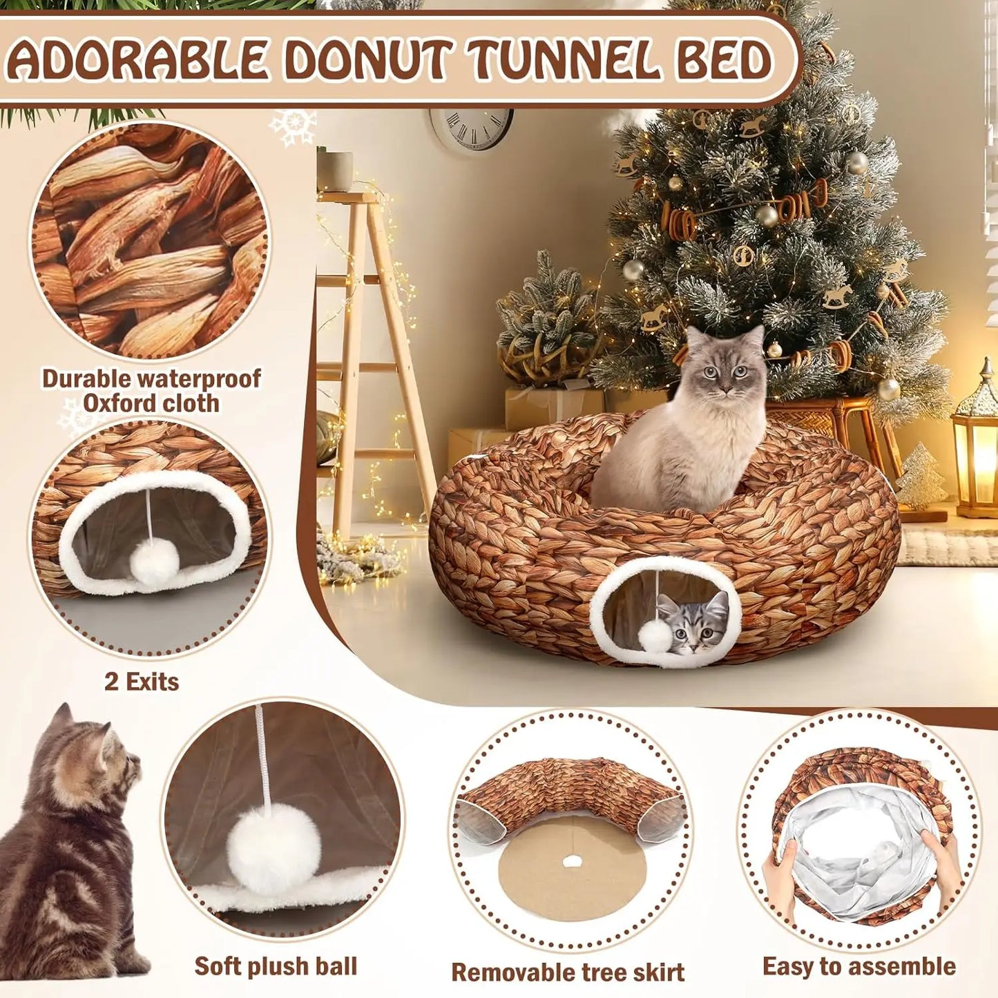 Christmas Cat Tunnel Bed 3FT x 3FT Indoor Donut Tunnel Peekaboo Cave Toy for Kitty Rabbit Ferret
