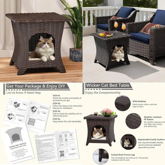 outdoor wicker side table with cushioned cat bed and thick padding