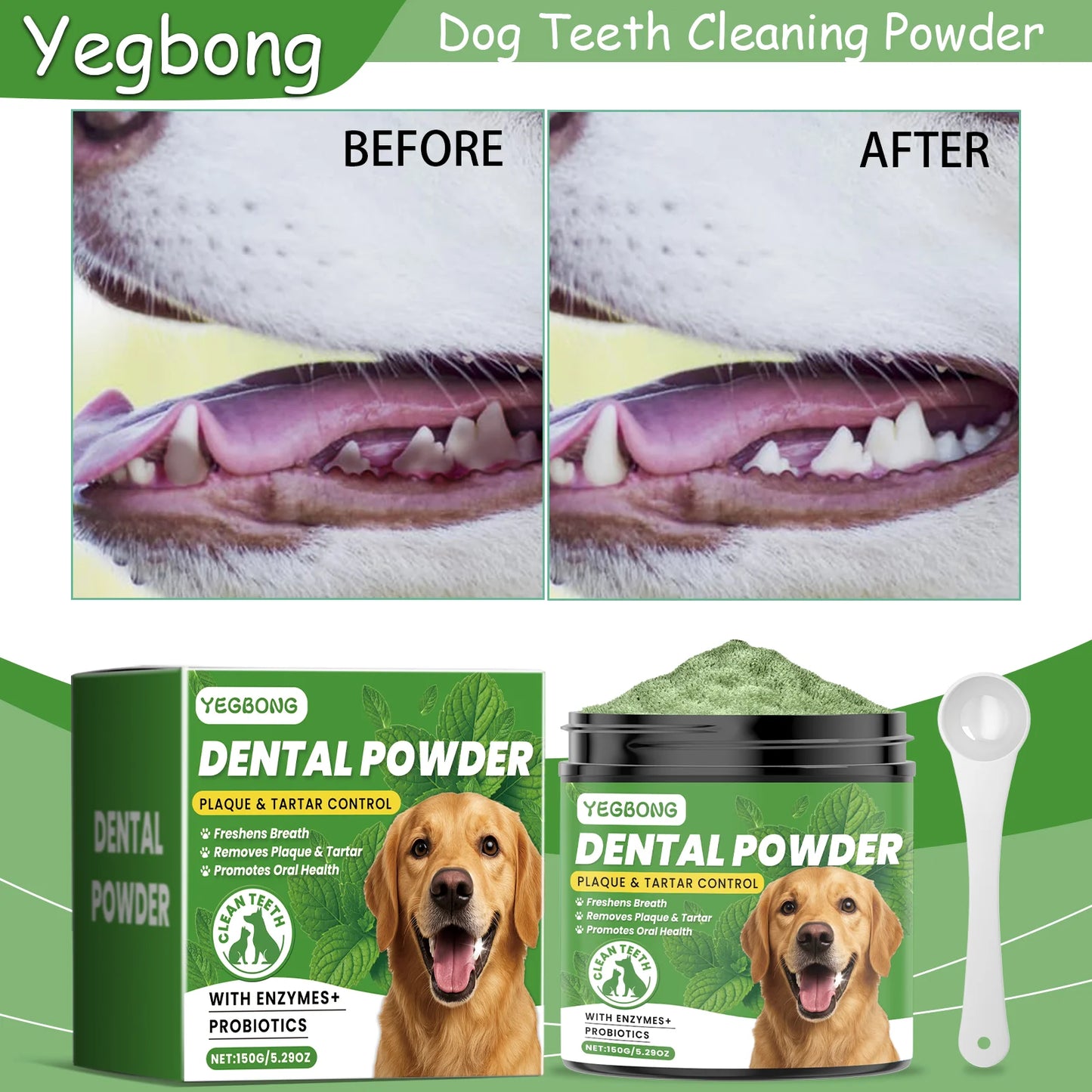 Yegbong 150g Dog Teeth Cleaning Powder - Gentle Dental Care for Pets - Removes Tartar, Stains & Bad Breath - Whitens Teeth