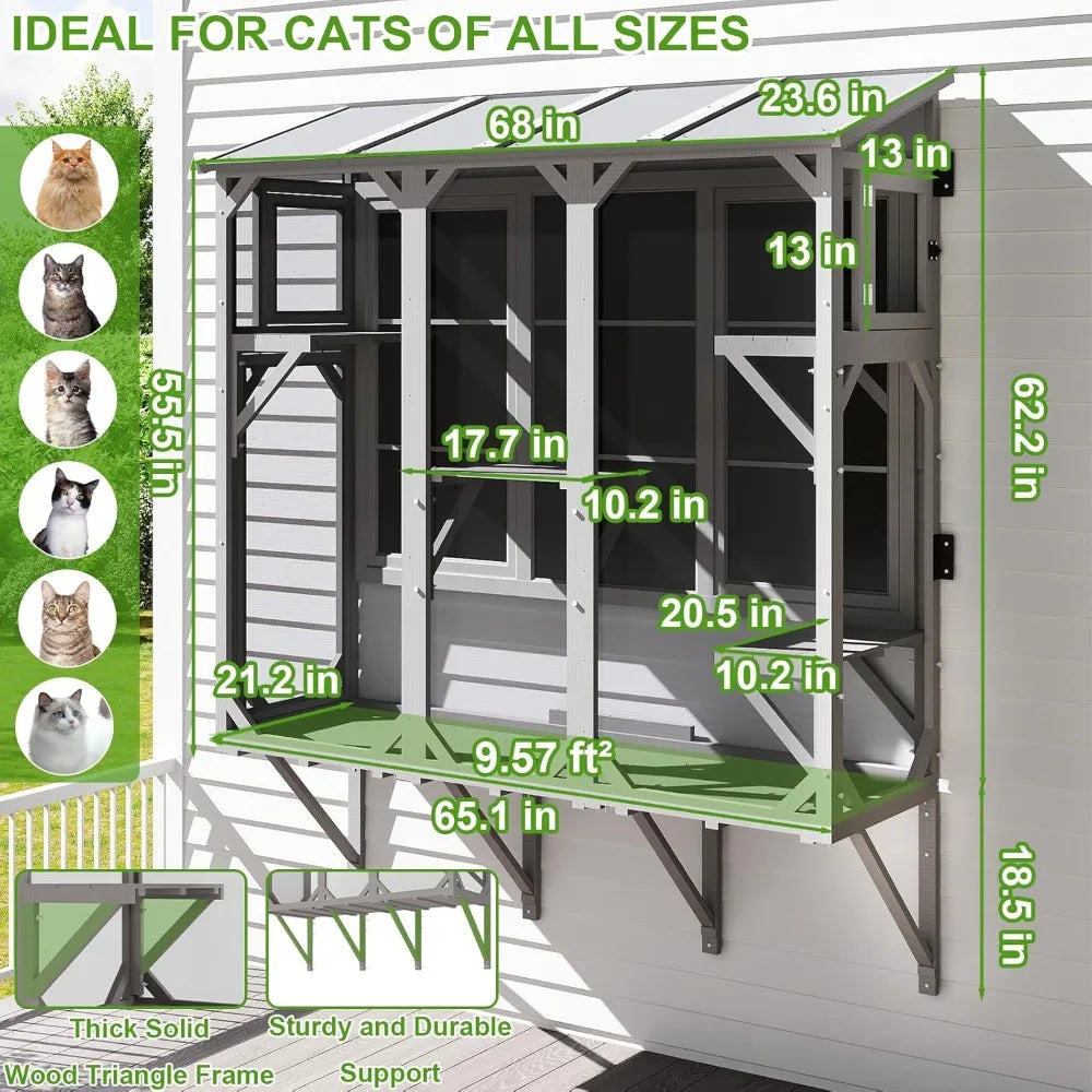 Cat Window Box,Wooden Window Catio for Indoor Cats,Expandable Outdoor Enclosure with 4 Platforms & 3 Doors,Secure Wall-Mounted P