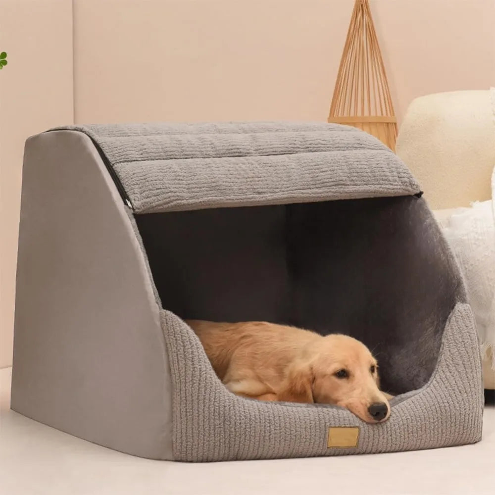 large dog house indoor, soft plush dogs cave bed covered pet bed with fluffy washable cushion, portable dog/cat pet tent house f