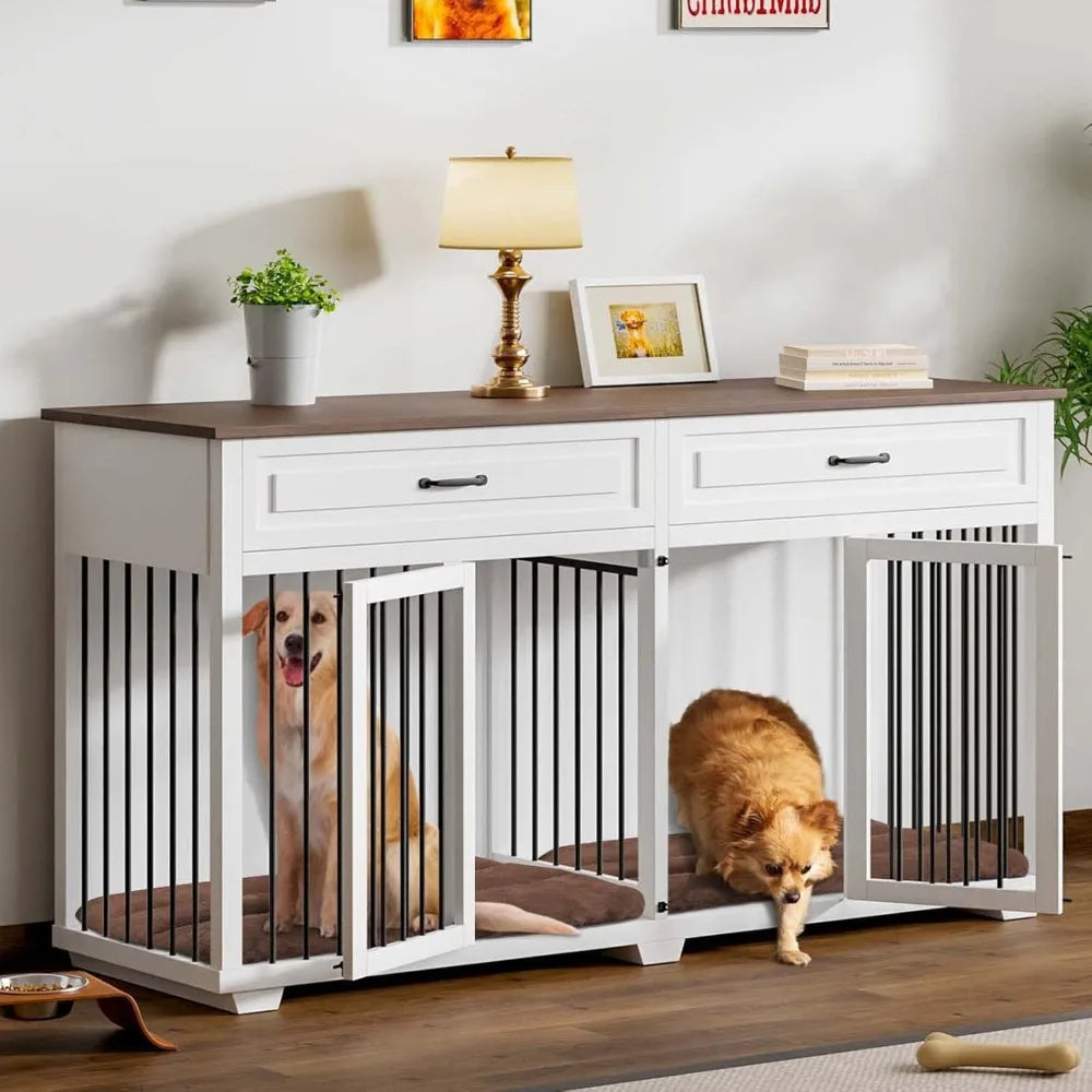 Furniture Style Dog Crate with Double Room, 73 Inch Wooden Dog Kennel with Removable Divider, Dog House TV Entertaimen Center