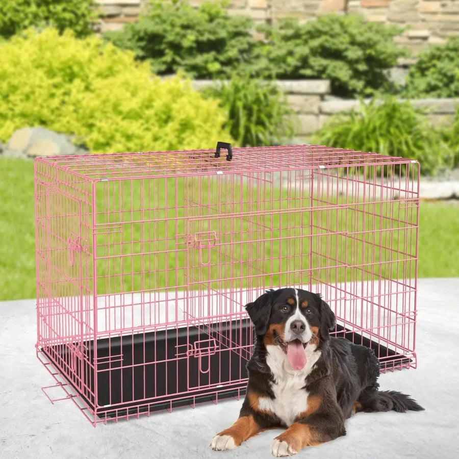Foldable Metal Dog Crate for Large Breeds 48 Pink Portable Kennel with Double Doors and Secure SlideBolt Latches Leakproof Tray