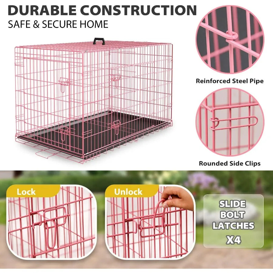 Foldable Metal Dog Crate for Large Breeds 48 Pink Portable Kennel with Double Doors and Secure SlideBolt Latches Leakproof Tray