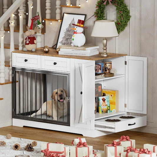 PAKASEPT Dog Crate Furniture: Storage Cabinet and Feeder for Small to Large Dogs, Double-Sided Kennel