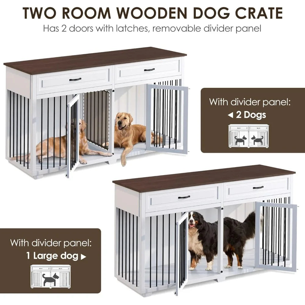 Furniture Style Dog Crate with Double Room, 73 Inch Wooden Dog Kennel with Removable Divider, Dog House TV Entertaimen Center