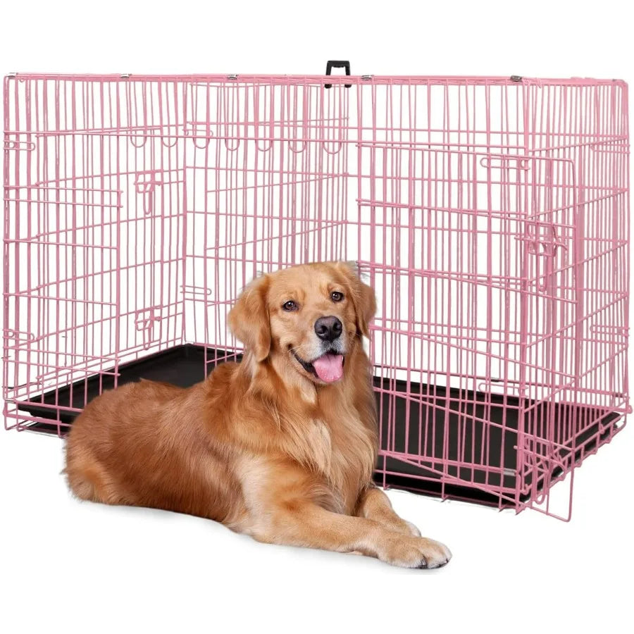 Foldable Metal Dog Crate for Large Breeds 48 Pink Portable Kennel with Double Doors and Secure SlideBolt Latches Leakproof Tray