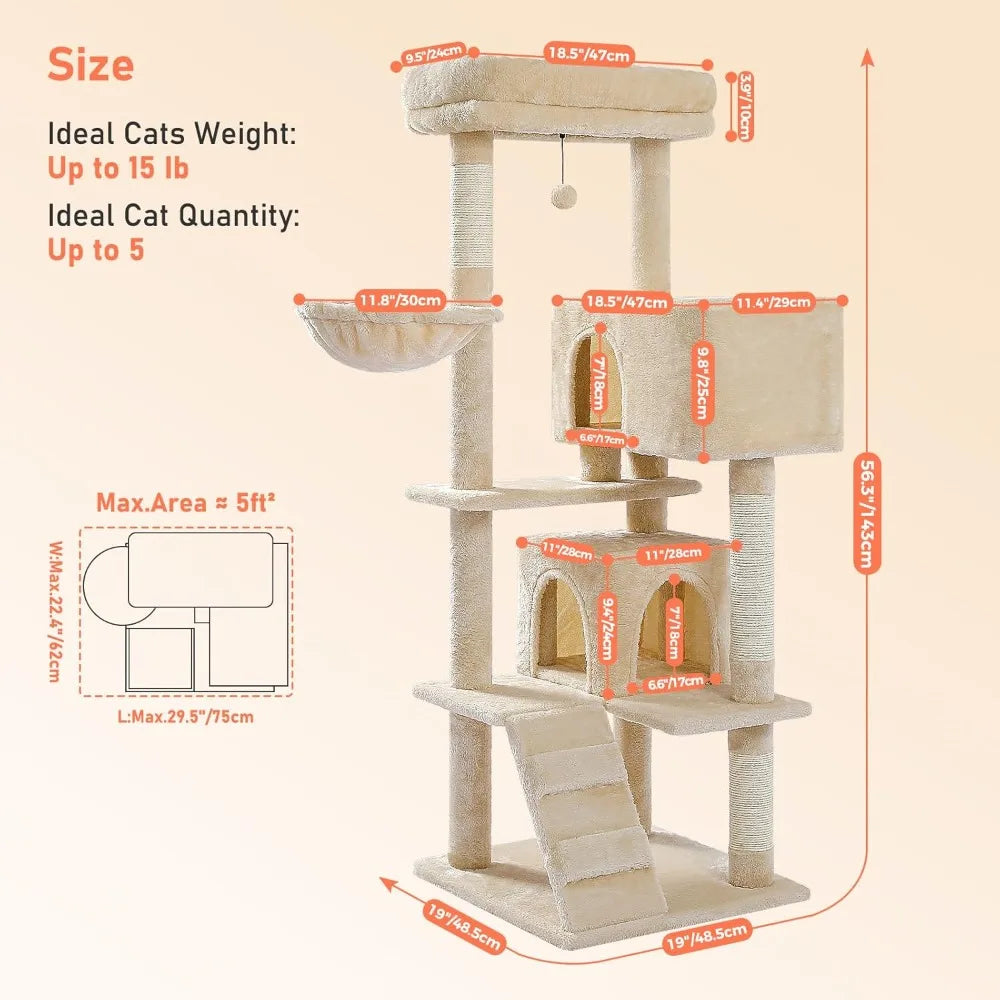 Cat Tree for Indoor Cats, 2 Cozy Condos with Spacious Top Perch, 56.3-Inch Multi-Level Cat Tower with Scratching Posts, 2 Caves