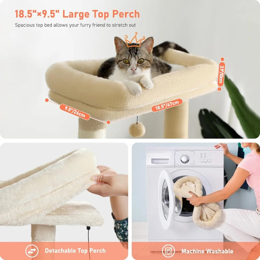 Cat Tree for Indoor Cats, 2 Cozy Condos with Spacious Top Perch, 56.3-Inch Multi-Level Cat Tower with Scratching Posts, 2 Caves