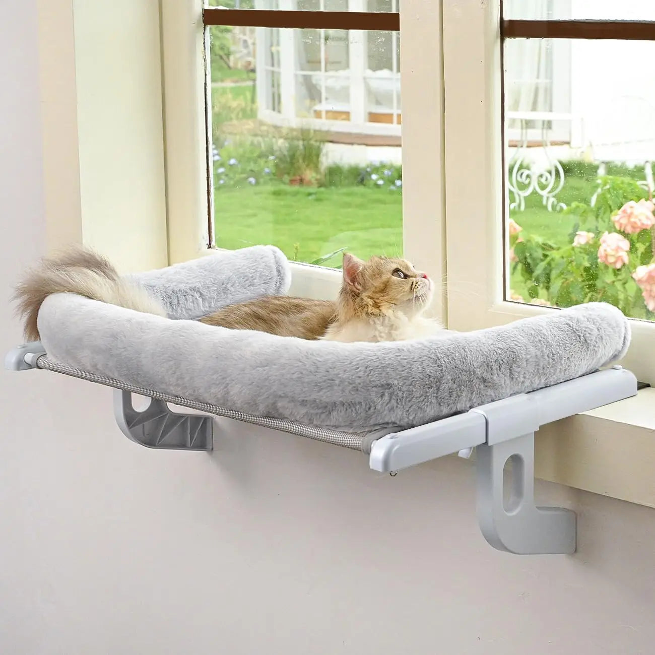Cat Window Sill Perch – Large Bolster Hammock Bed for Large Cats & Kittens – Gray, Easy-Adjust for Windowsill