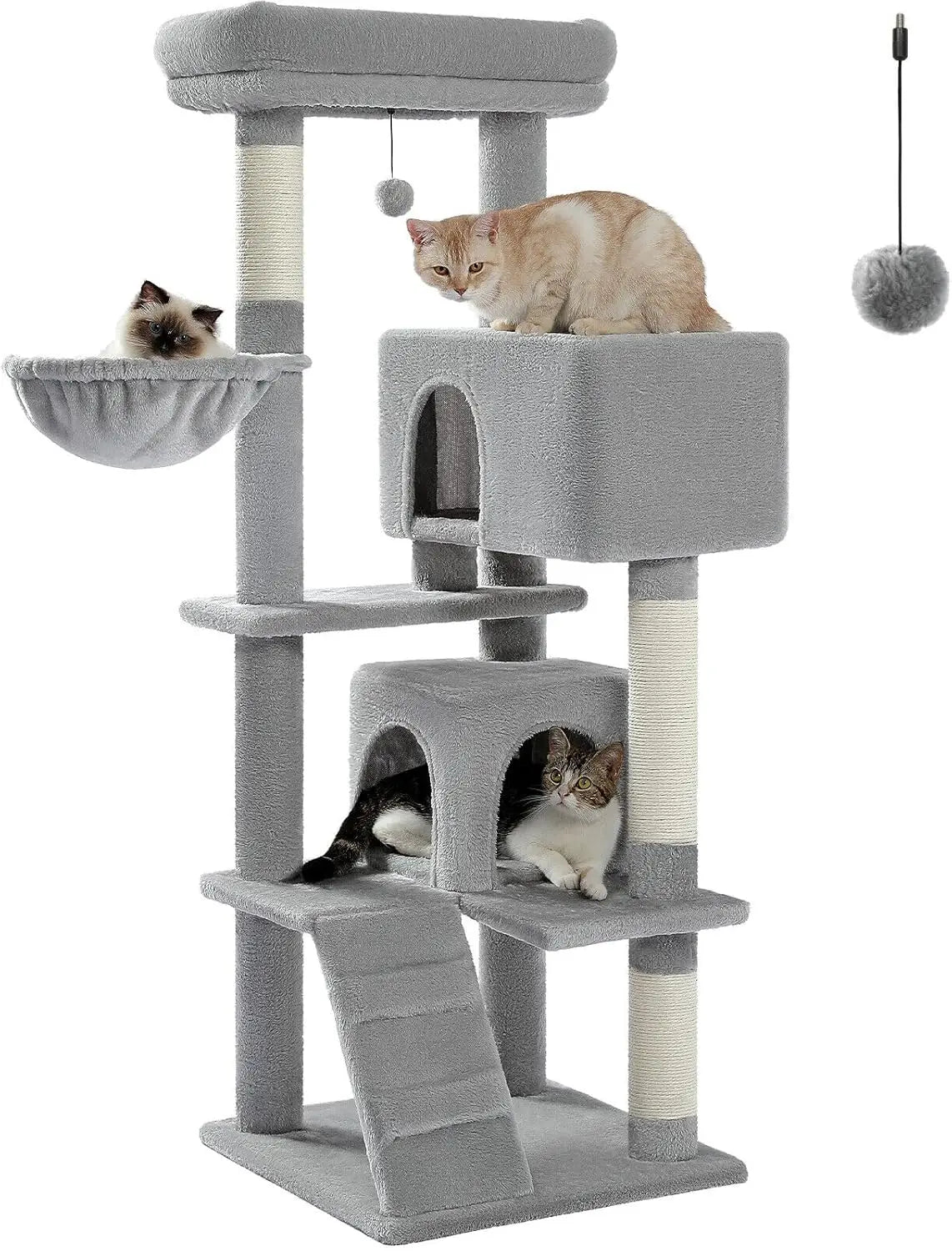Cat Tree for Indoor Cats, 2 Cozy Condos with Spacious Top Perch, 56.3-Inch Multi-Level Cat Tower with Scratching Posts, 2 Caves