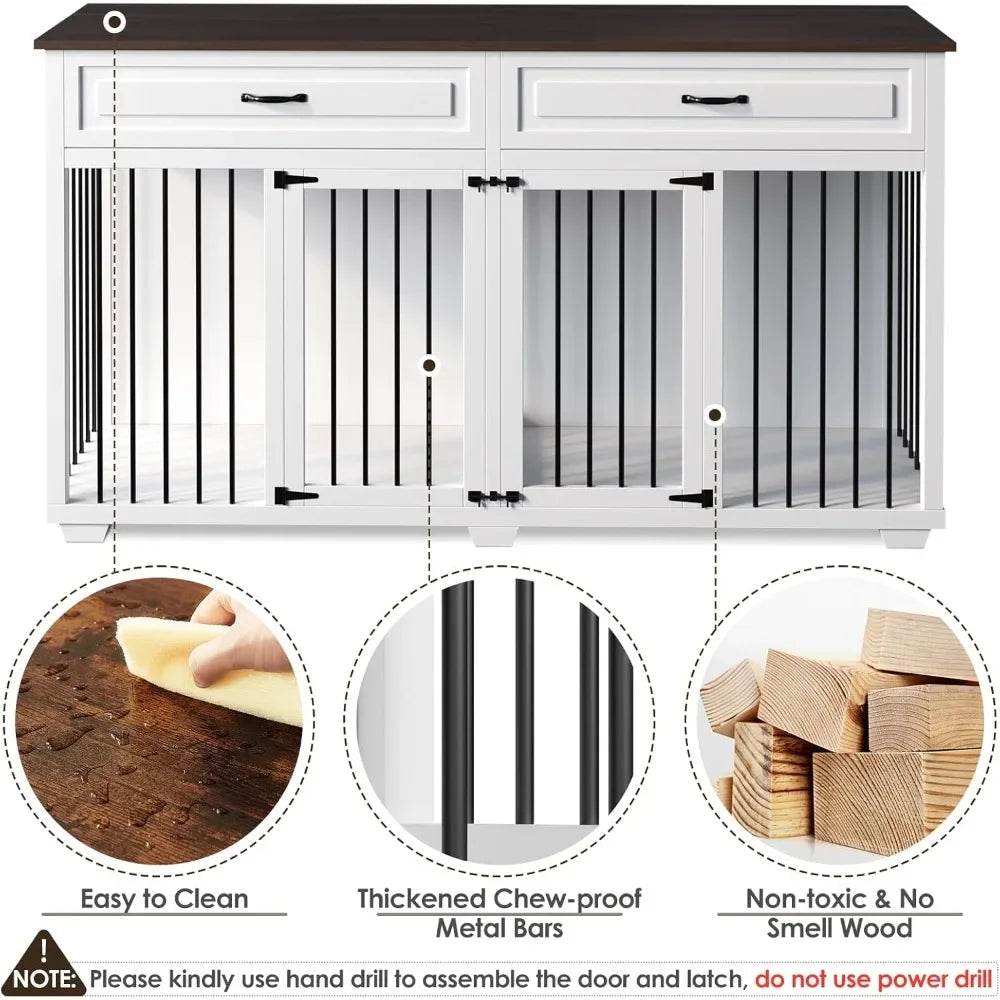 Furniture Style Dog Crate with Double Room, 73 Inch Wooden Dog Kennel with Removable Divider, Dog House TV Entertaimen Center