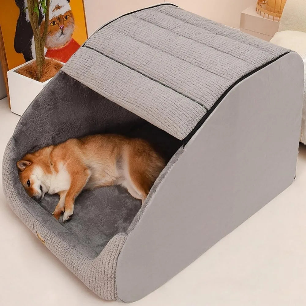 large dog house indoor, soft plush dogs cave bed covered pet bed with fluffy washable cushion, portable dog/cat pet tent house f