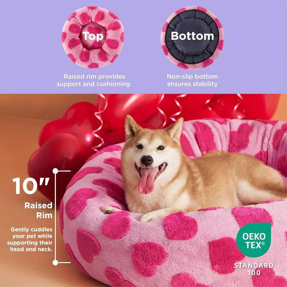 Heart Pink 36 Round Sherpa Plush Dog & Cat Bed with Anti-Slip Base for Indoor Calming and Anxiety Relief
