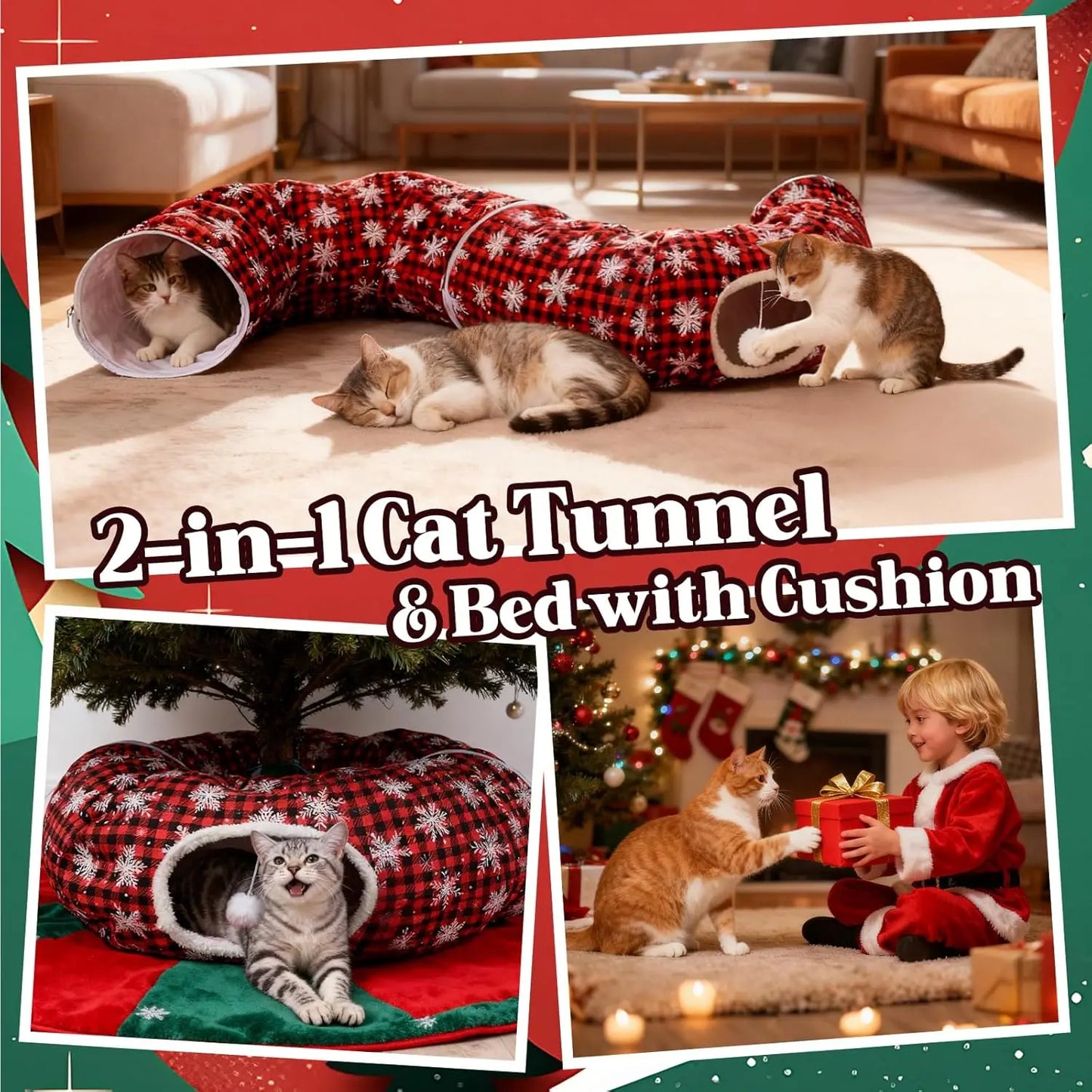 Christmas Cat Tunnel Tree Skirt – Flannel Donut Bed with Cushion & Toy, Peekaboo Cat Cave for Indoor Cats, Plaid Red
